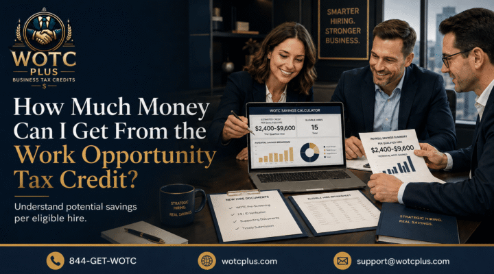 Business owners reviewing Work Opportunity Tax Credit values, WOTC screening, new-hire onboarding, and hiring tax credit reporting with WOTC Plus