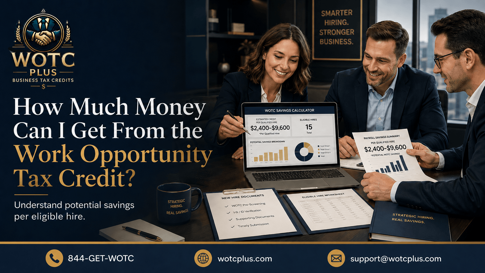Business owners reviewing Work Opportunity Tax Credit values, WOTC screening, new-hire onboarding, and hiring tax credit reporting with WOTC Plus