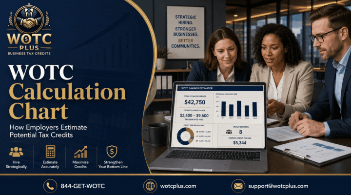 Employers reviewing a WOTC calculation chart with hiring volume, certified hires, and estimated tax credit value through WOTC Plus