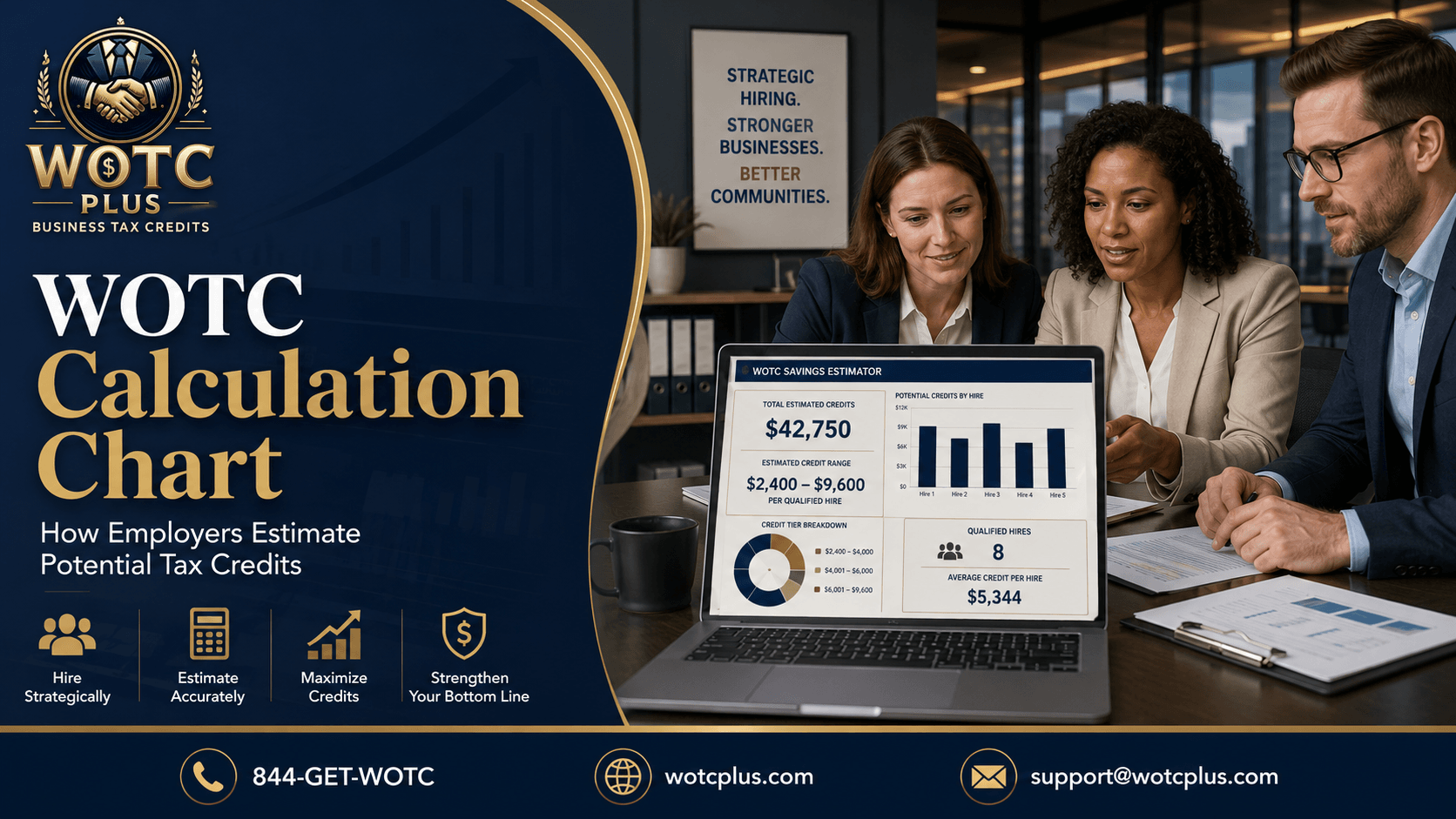 Employers reviewing a WOTC calculation chart with hiring volume, certified hires, and estimated tax credit value through WOTC Plus