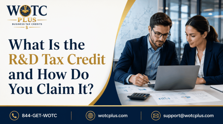 CFO and business owner reviewing R&D tax credit opportunities, qualified research expenses, Form 6765, and federal tax credits with WOTC Plus