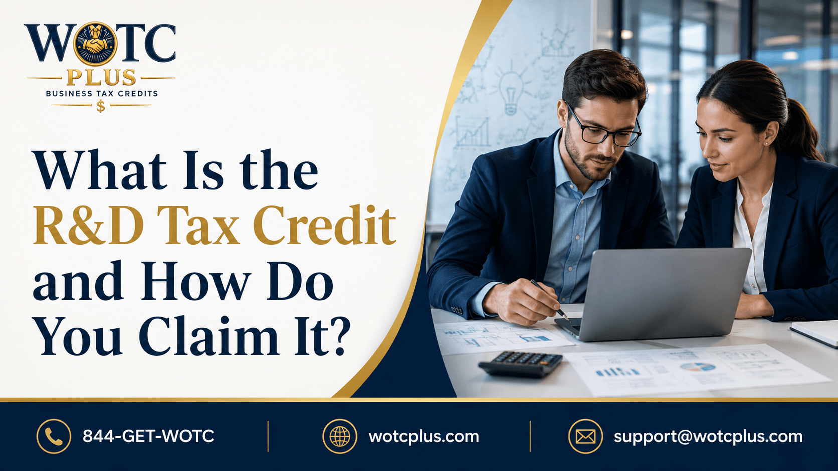 CFO and business owner reviewing R&D tax credit opportunities, qualified research expenses, Form 6765, and federal tax credits with WOTC Plus