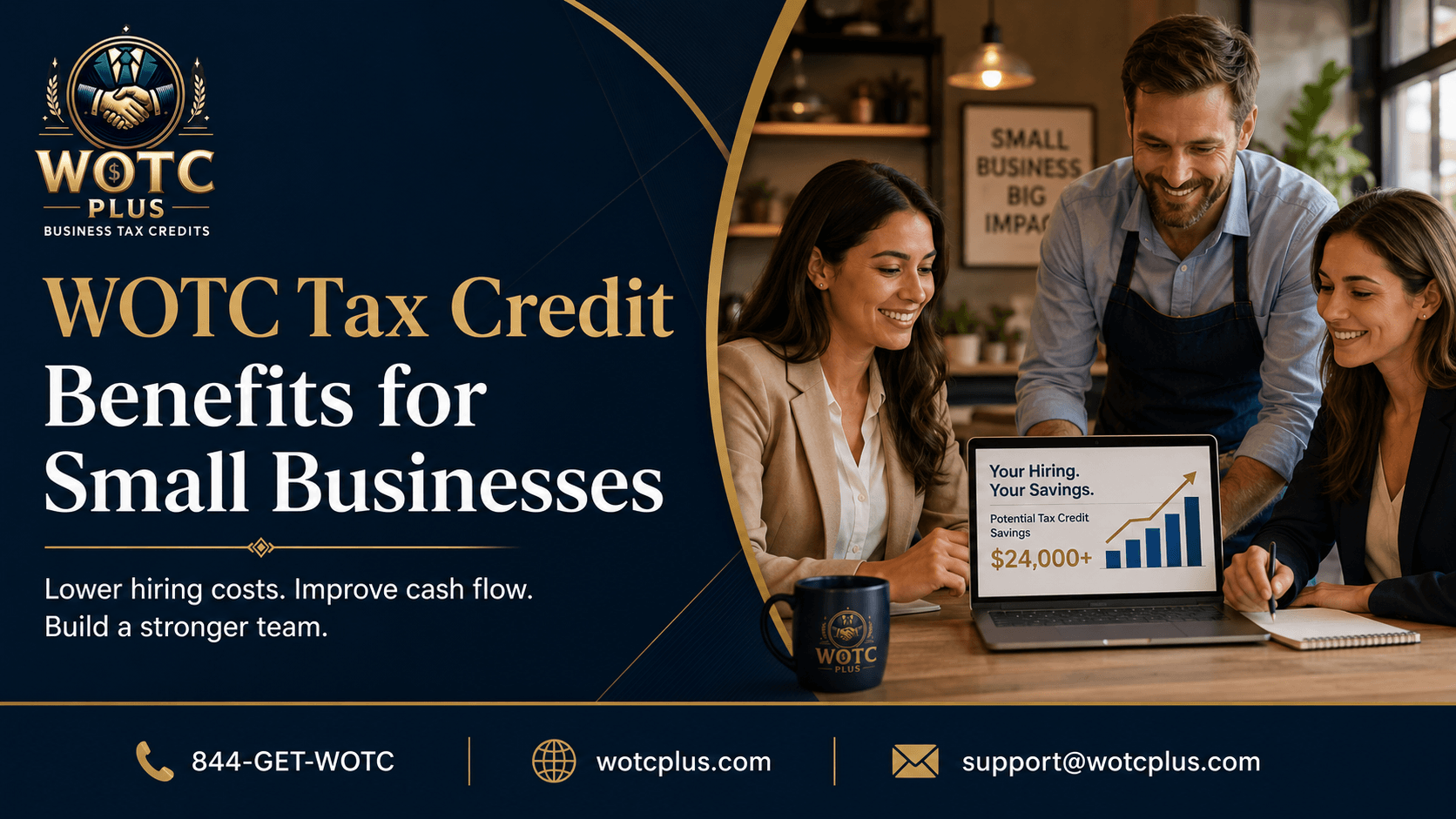 Small business owners reviewing WOTC tax credit benefits, WOTC screening, onboarding, and hiring tax credit reporting with WOTC Plus