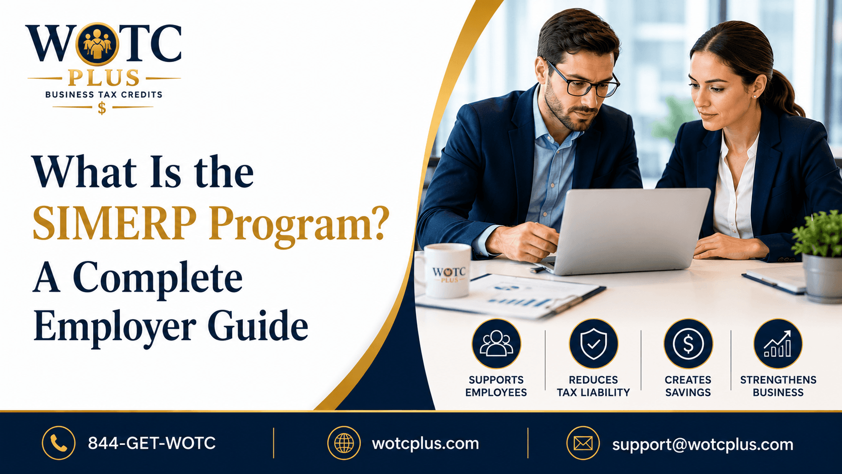 WOTC Plus SIMERP Program employer guide banner showing business professionals reviewing employee benefit strategy, tax savings, and employer-focused planning.