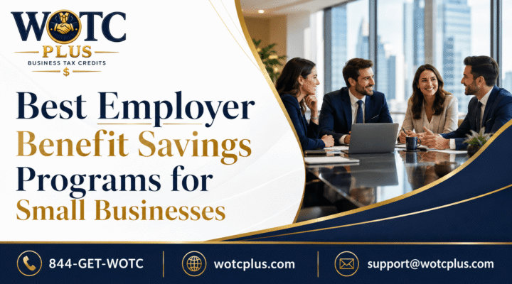 Small-business owner and finance team comparing retirement, health insurance, childcare, payroll, hiring, and WOTC savings programs